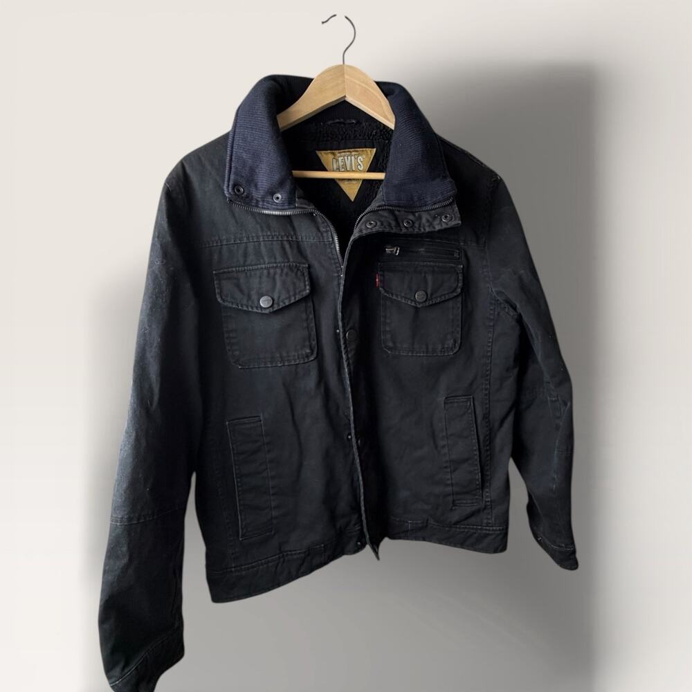 Levis‎ Denim Jacket Adult Medium Black Sherpa Lined Red Tab Trucker Fleece Men